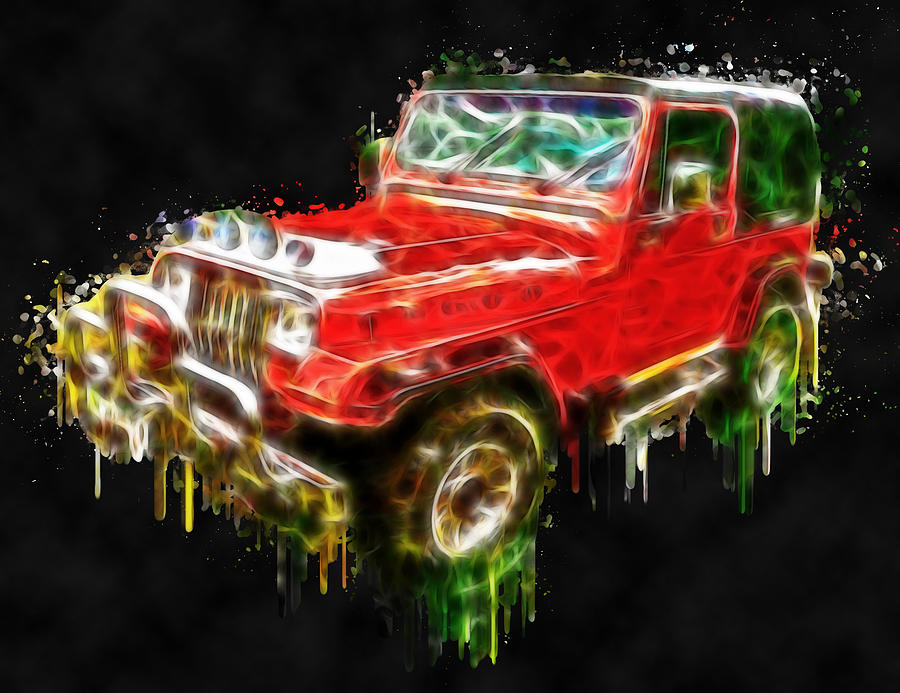 Red Jeep Off Road digital painting Painting by Georgeta Blanaru