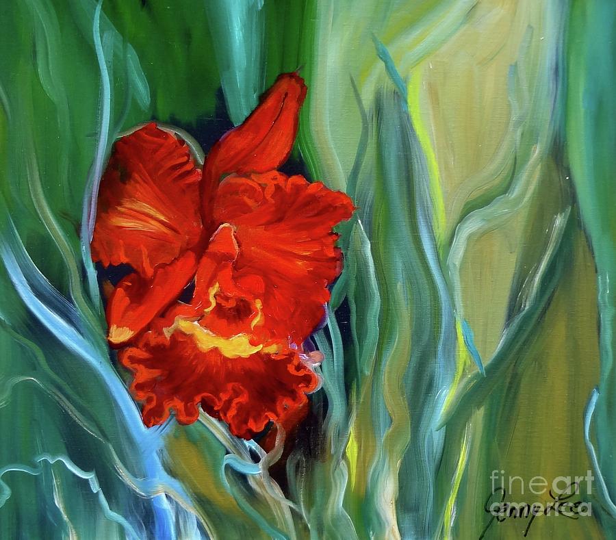 Red Jungle Orchid Painting by Jenny Lee