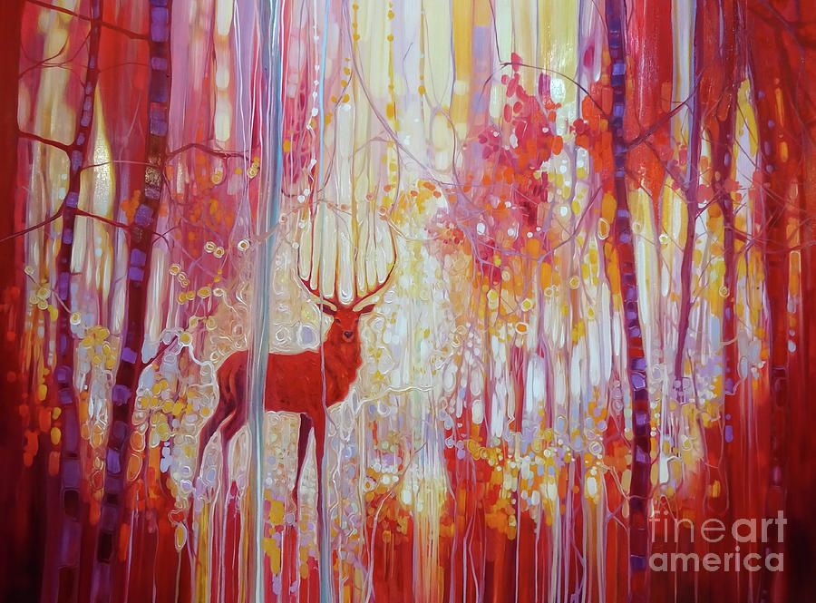 Red Stag Painting - Red King - a red stag in a red forest by Gill Bustamante