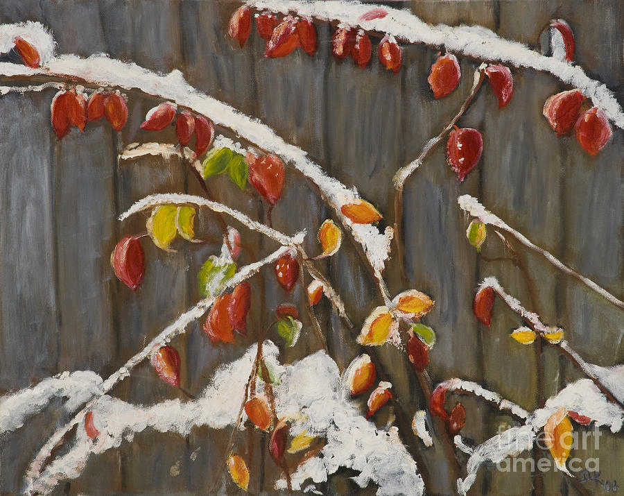 Red Leaves in Snow Painting by Julie Kreutzer