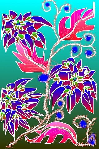 Red Leaves Purple Flowers on Aqua Digital Art by Rae Chichilnitsky