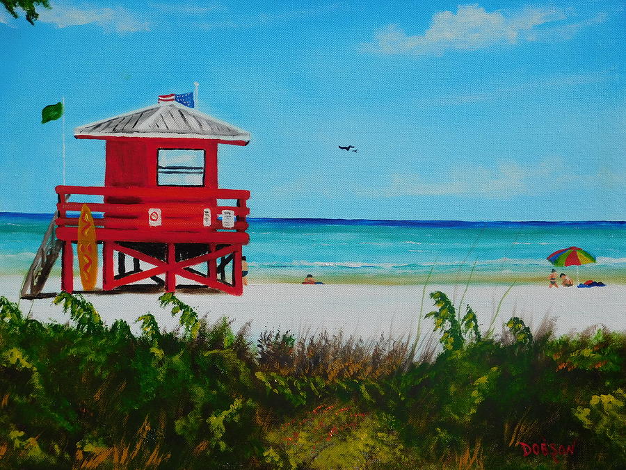 Siesta Key Red Lifeguard Stand Painting by Lloyd Dobson