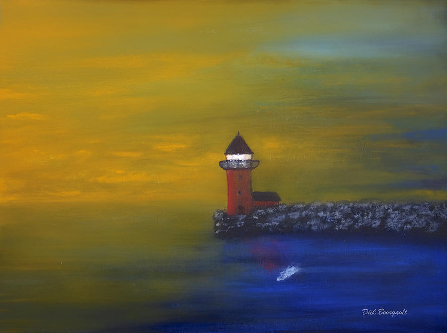 Red Lighthouse center panel Painting by Dick Bourgault
