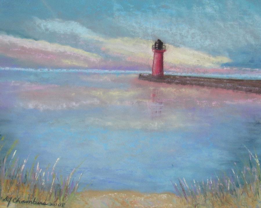 Red Lighthouse In A Pastel Sunset Painting by Donna Chambers