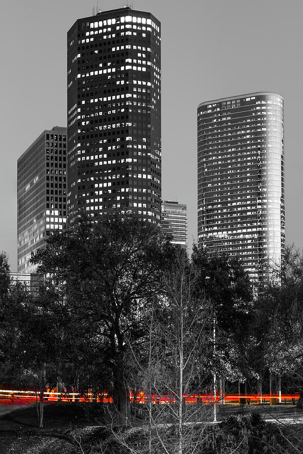 Houston Skyline Photograph - Red Lights Under the Houston Skyline - Black and White by Gregory Ballos