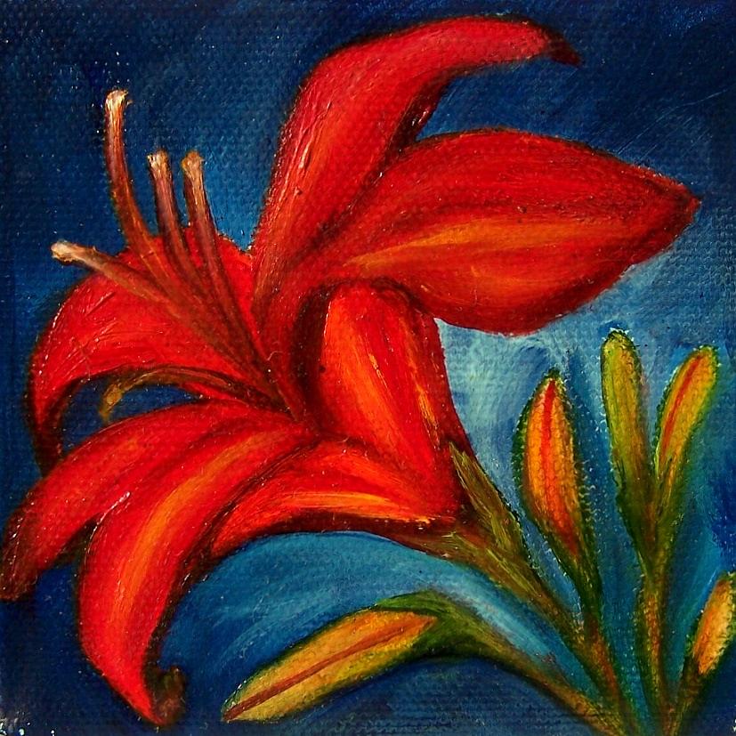 Red Lily on Blue Painting by Susan Dehlinger
