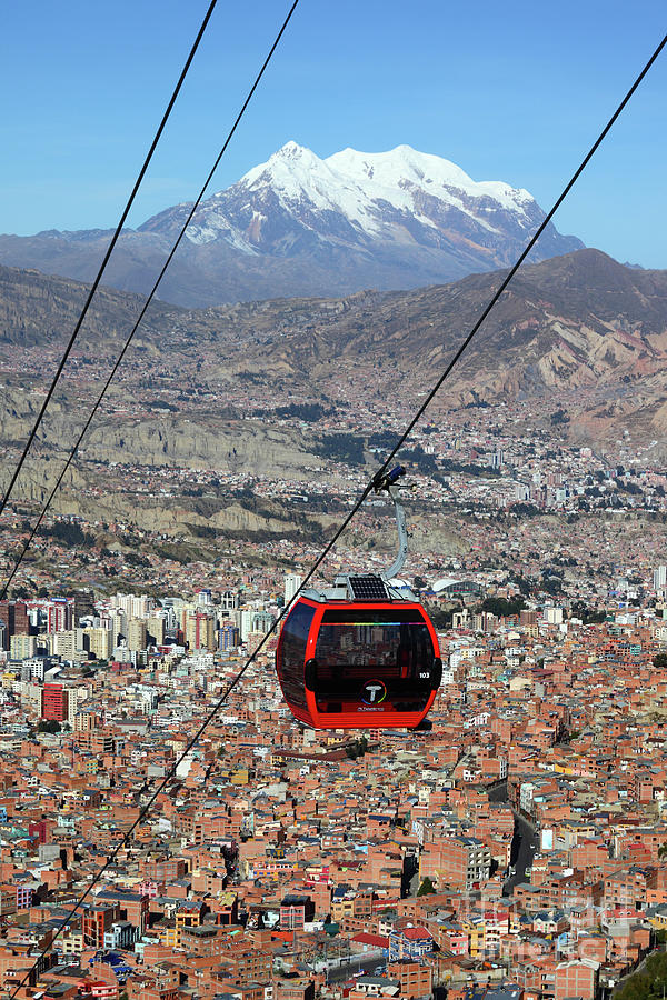 Red Line Cable Car Cabin and Mt Illimani Bolivia Photograph by James Brunker