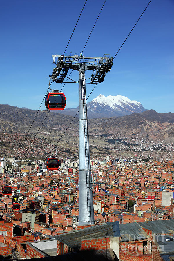 Red Line Cable Cars and Mt Illimani La Paz Bolivia Photograph by James Brunker