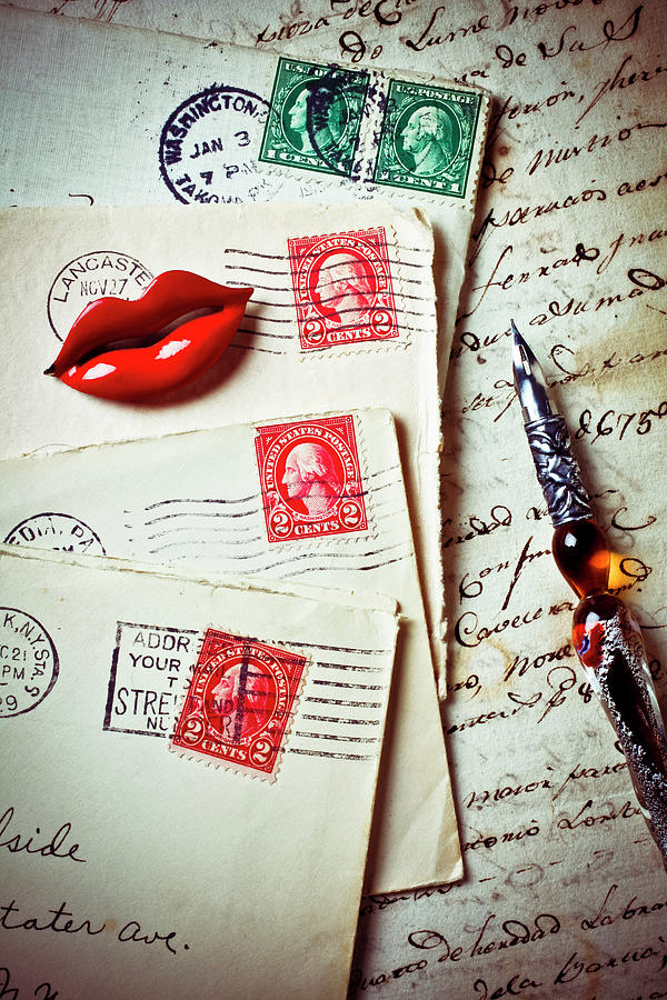 Still Life Photograph - Red lips pin and old letters by Garry Gay
