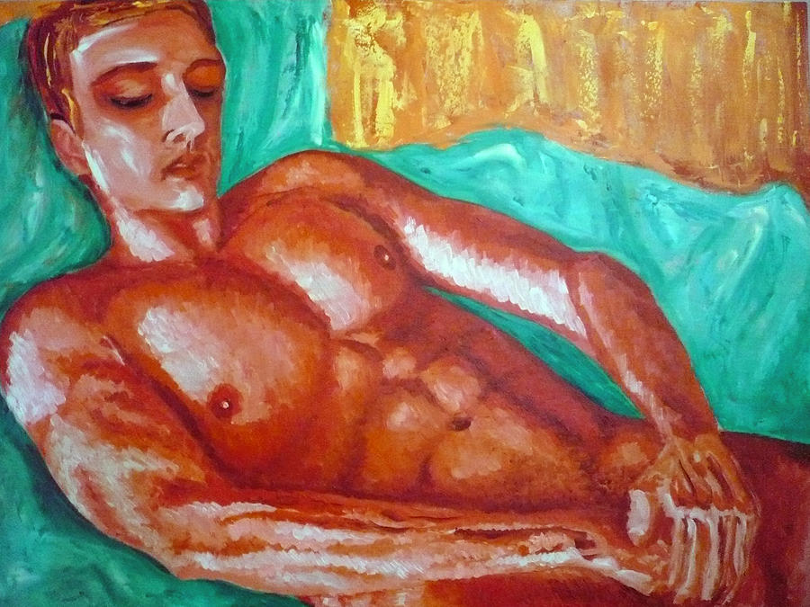 Nude Painting - Red man in bed by Ericka Herazo