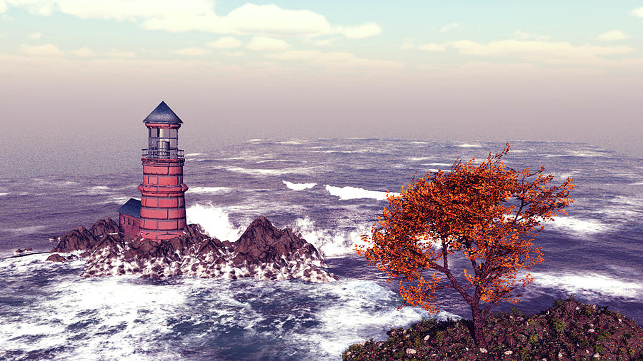 Red Maple Tree Lighthouse Digital Art by John Junek