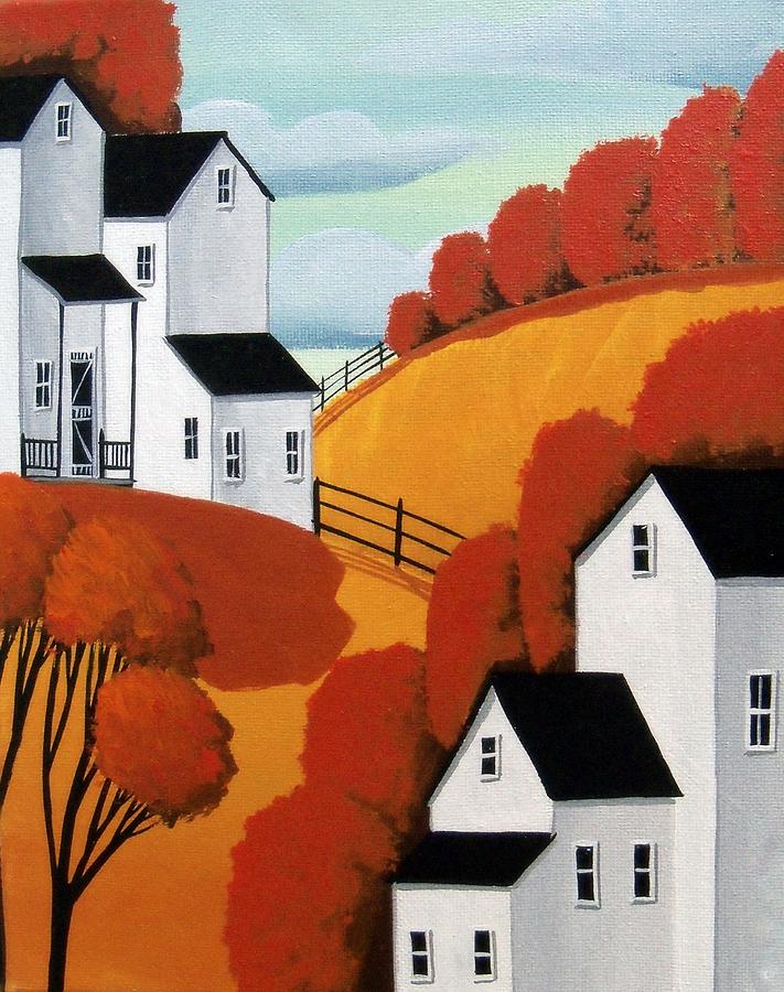 Red Maples - country folk art landscape Painting by Debbie Criswell