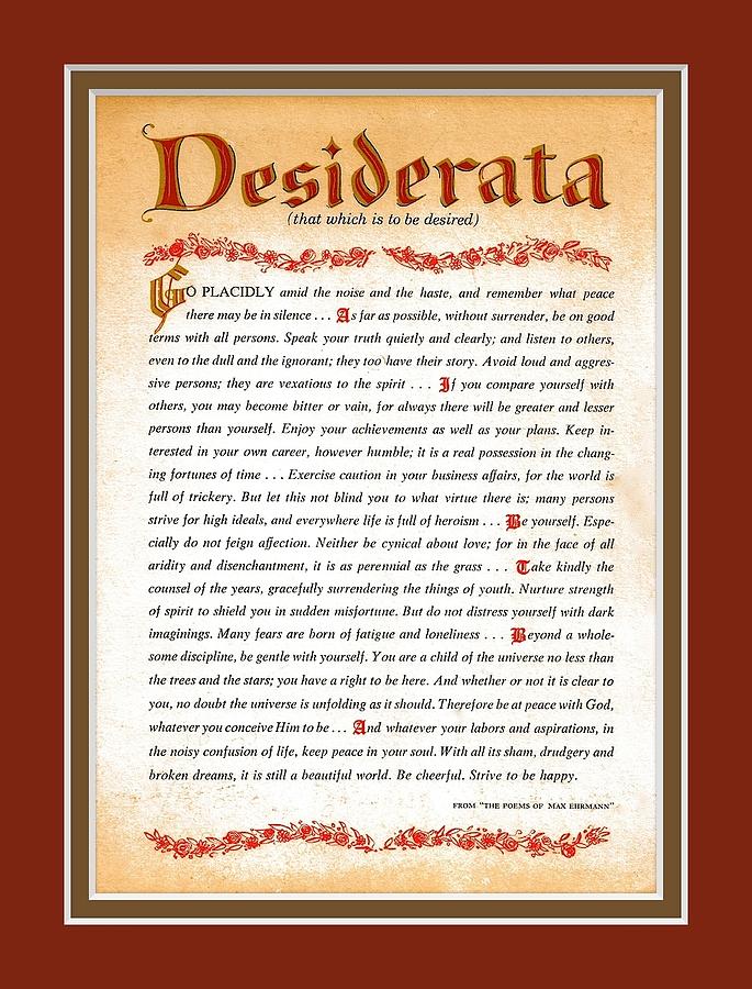 Red Matted Floral Scroll DESIDERATA Poem Mixed Media by Desiderata Gallery