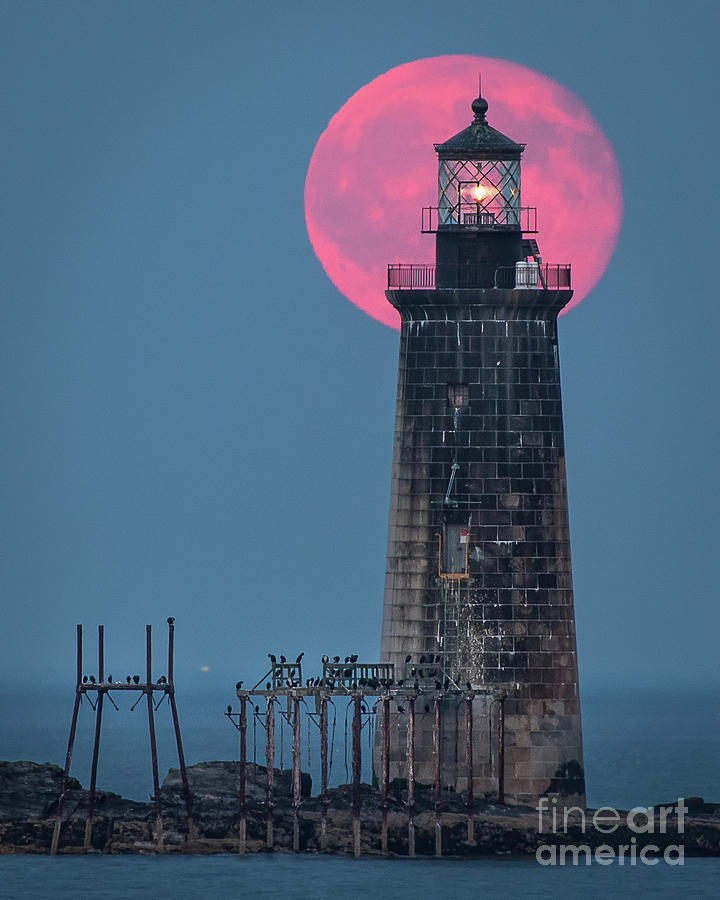 Red Moon Behind Ram Island Ledge Lighthouse Photograph by Benjamin Williamson