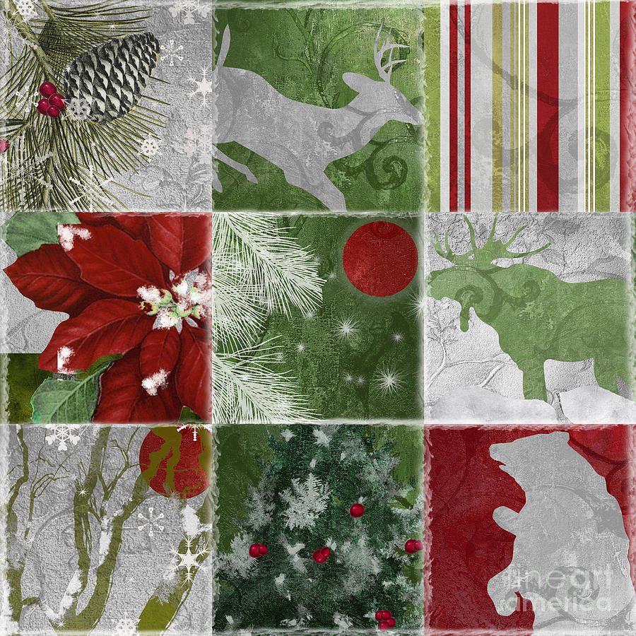Christmas Painting - Red Moon Christmas Patchwork by Mindy Sommers
