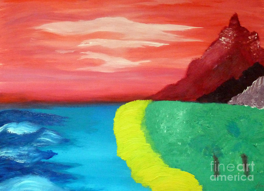 Red mountain by the sea Painting by Francesca Mackenney