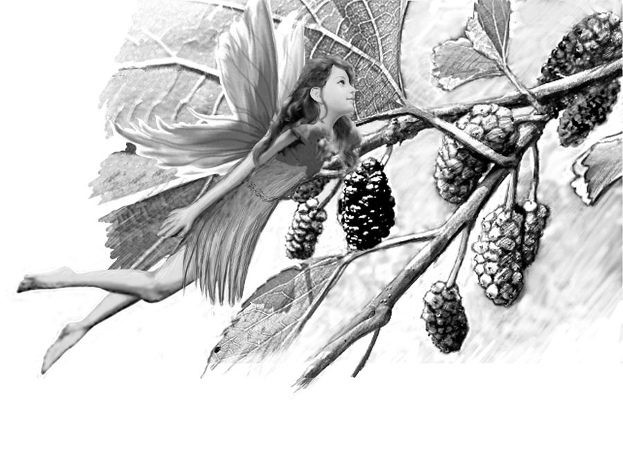 Red Mulberry Tree Fairy B And W Digital Art by Yuichi Tanabe