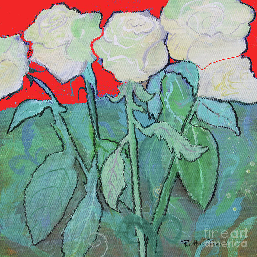 Red Night White Tea Roses Painting by Robin Pedrero