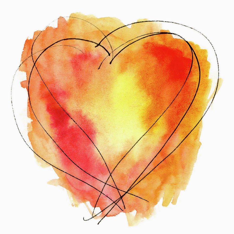 Heart Photograph - Red Orange Yellow Watercolor and Ink Heart by Carol Leigh