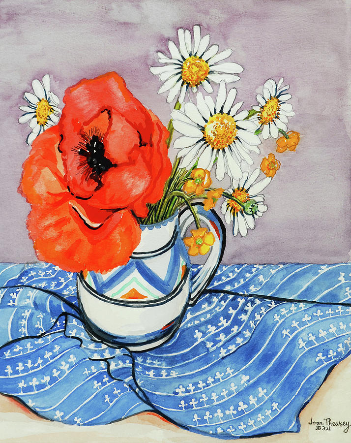 Flower Painting - Red Oriental Poppy and Marguerites in a Honiton Jug by Joan Thewsey