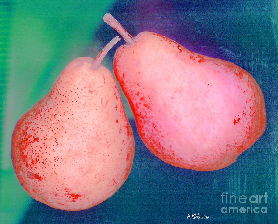Red Pears on Blue Green Photograph by Heather Kirk
