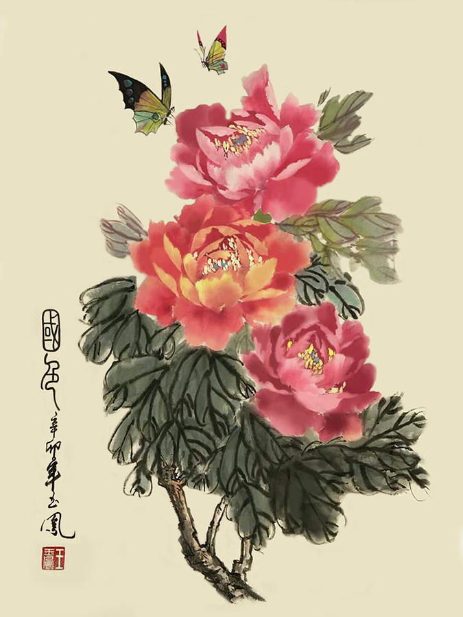 Red Peonies Painting by Yufeng Wang