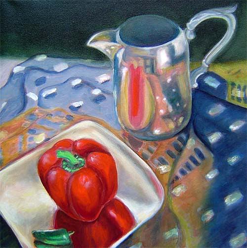 Still Life Painting - Red pepper scarf and silver vase by Gayle Bell