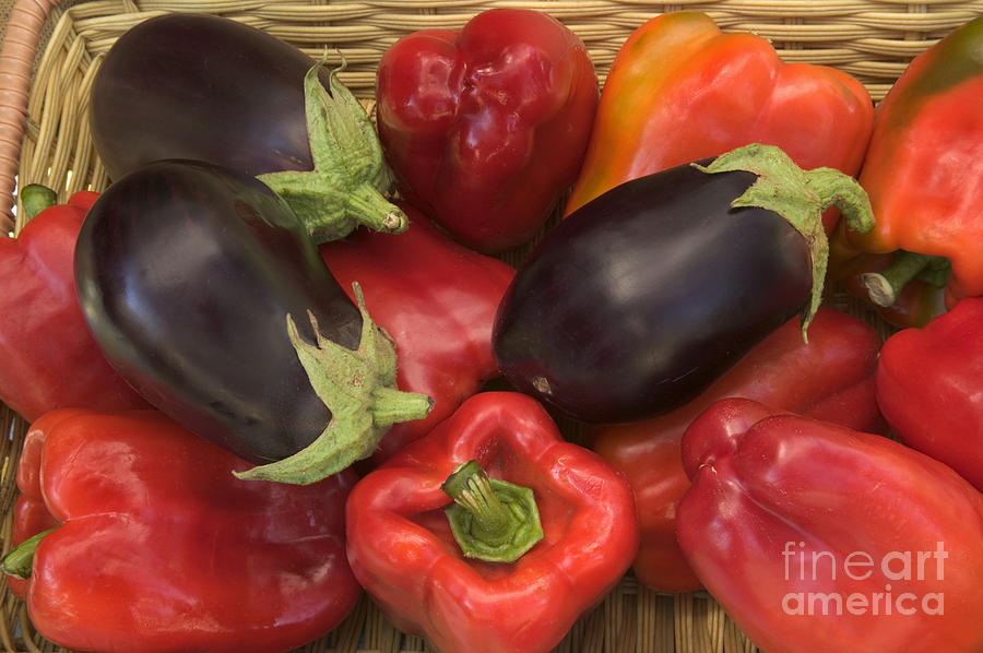 Red Peppers And Eggplant Photograph by Inga Spence