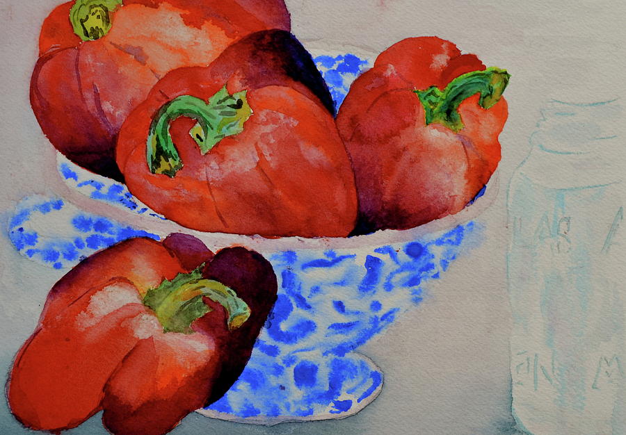 Red Peppers Blue Colander and Jar Painting by Beverley Harper Tinsley
