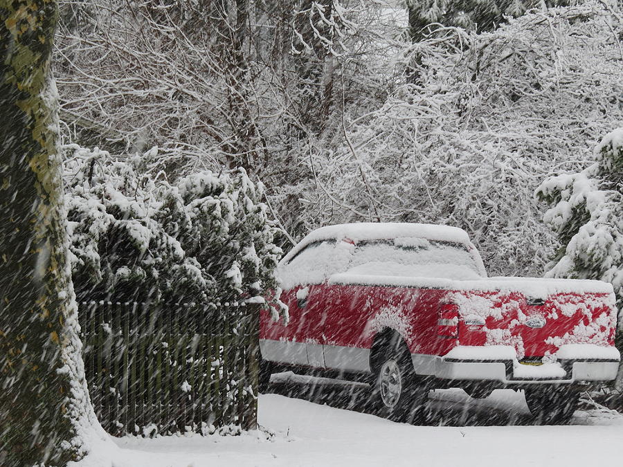 Red Pickup Truck in Snow Storm Photograph by Linda Stern