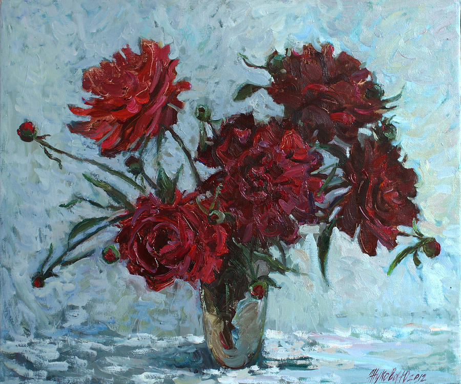 Flower Painting - Red piones by Juliya Zhukova