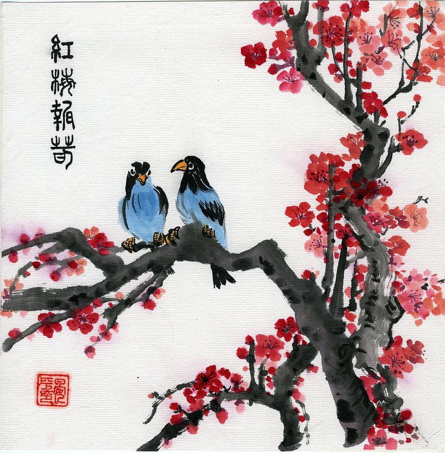 Red Plum and blue birds Painting by Ping Yan