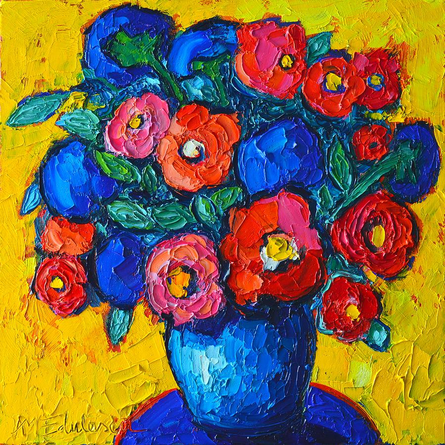 Red Poppies And Blue Flowers - Abstract Floral Painting by Ana Maria Edulescu