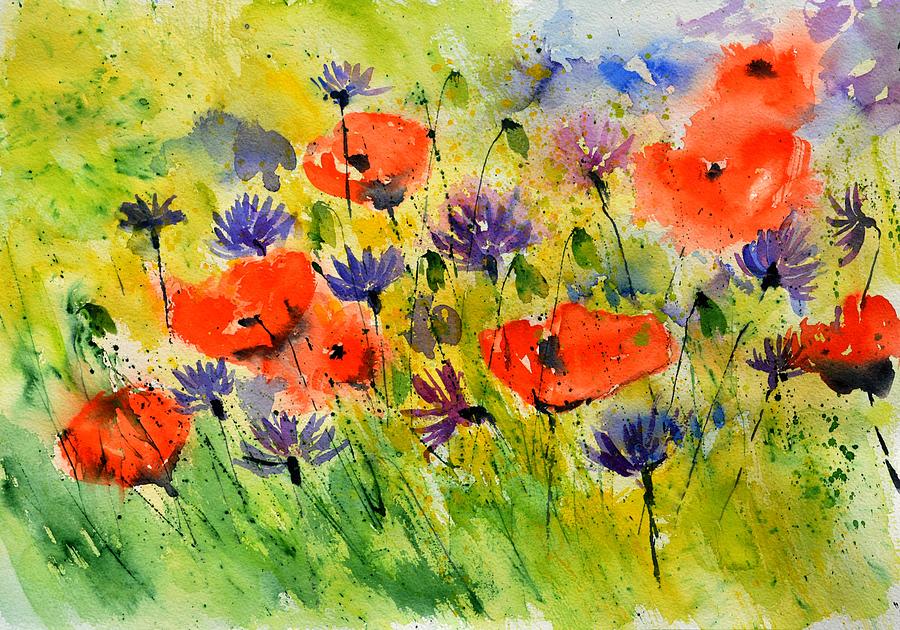 Red poppies and cornflowers Painting by Pol Ledent