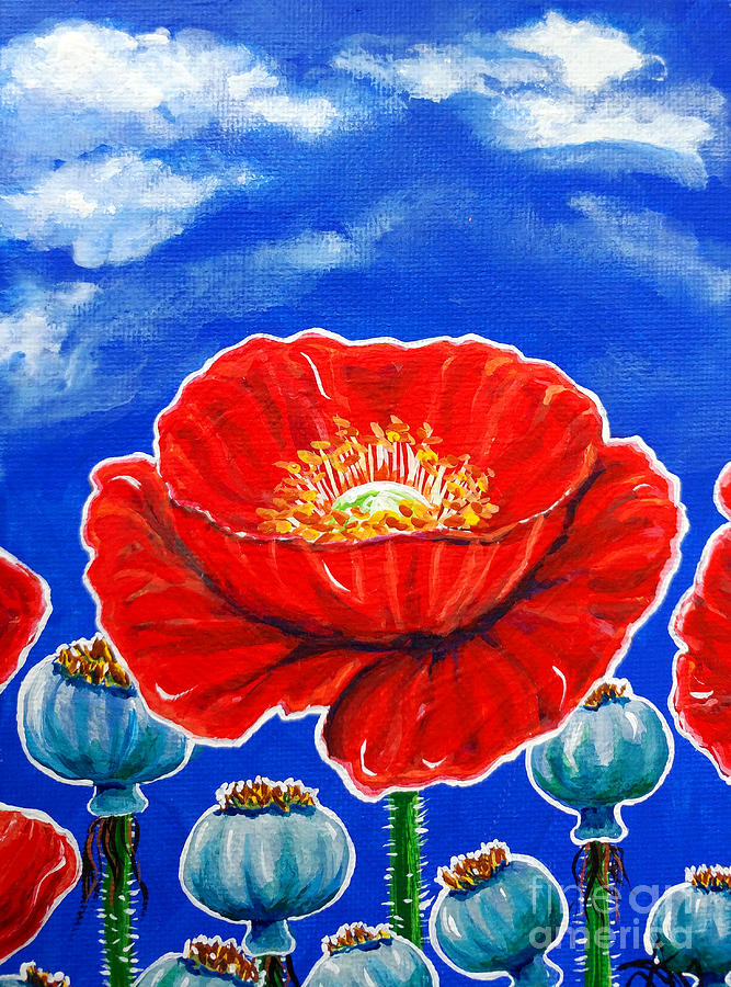 Red Poppies and Pods Cloudy Sky Flowers Wildflowers  Painting by Jackie Carpenter