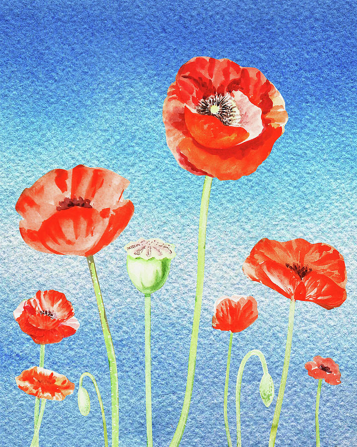 Red Poppies Blue Sky Painting by Irina Sztukowski