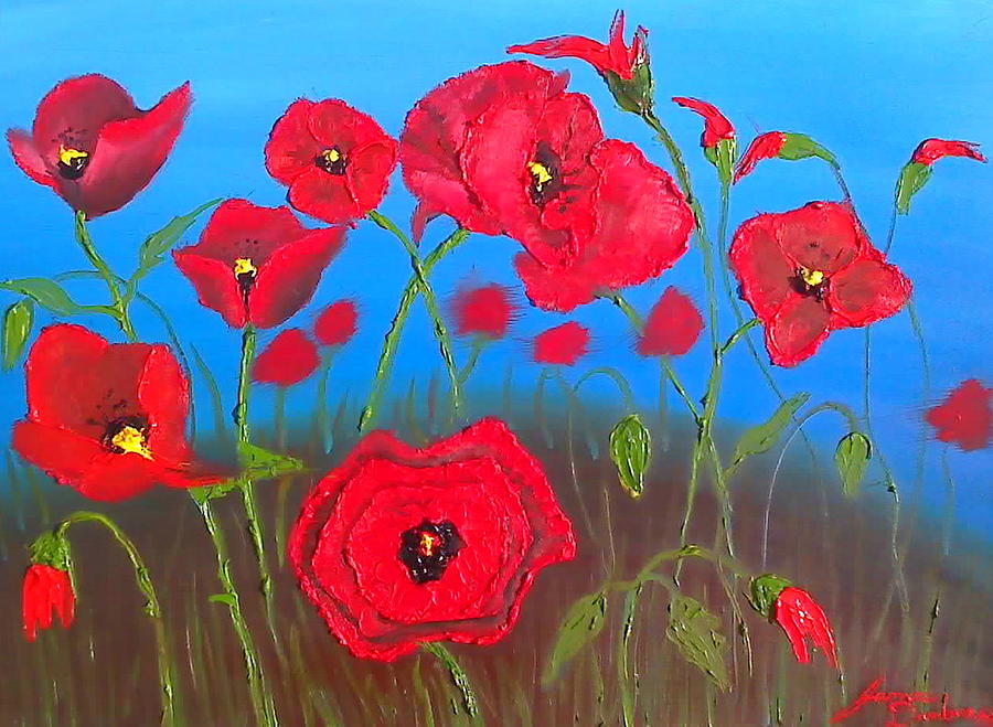 Red Poppies Blue Sky Painting by James Dunbar