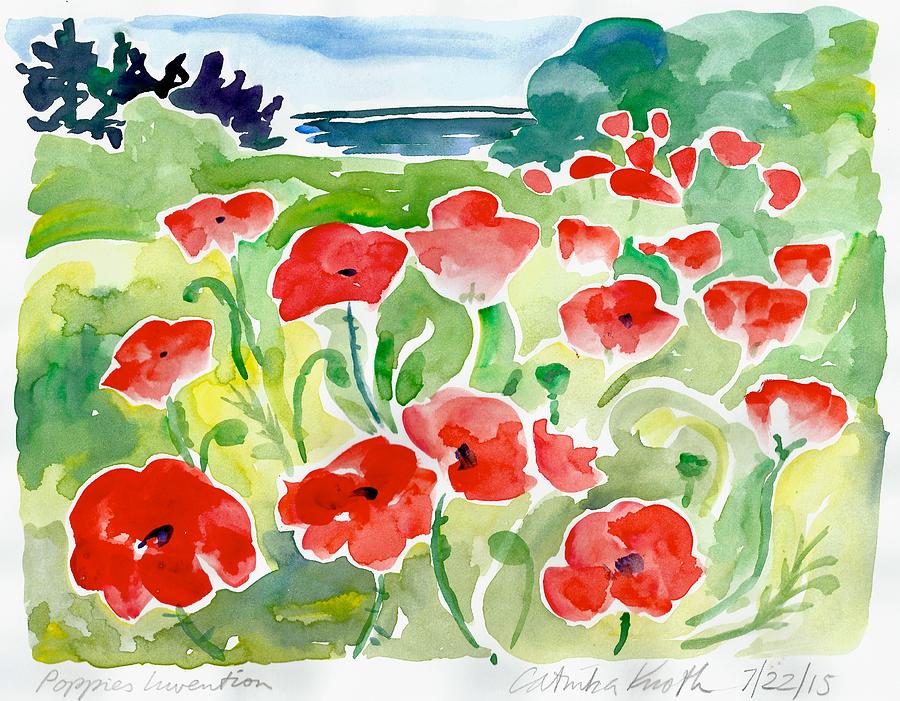 Red poppies coastal scene watercolor  Painting by Catinka Knoth