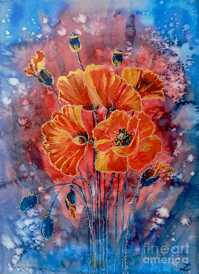 Poppy Painting - Red Poppies in Gold by Zaira Dzhaubaeva