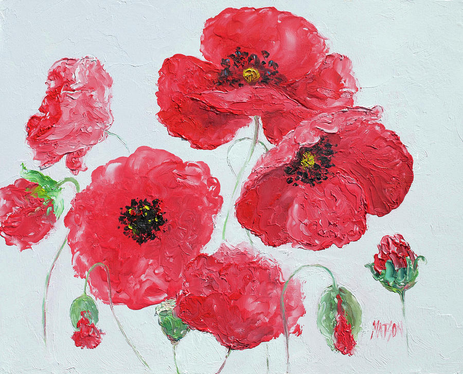Red Poppies on a white background Painting by Jan Matson