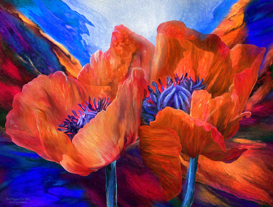 Red Poppies On Blue Mixed Media by Carol Cavalaris