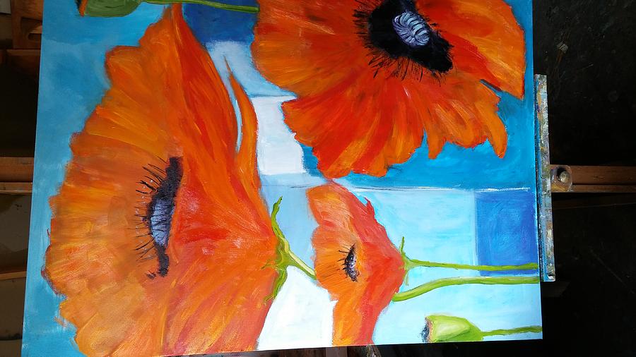 Red poppies on blue Painting by Terrence  Howell