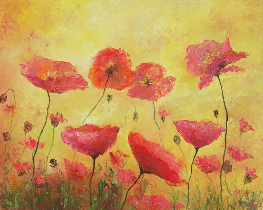 Red poppies on gold Painting by Jan Matson