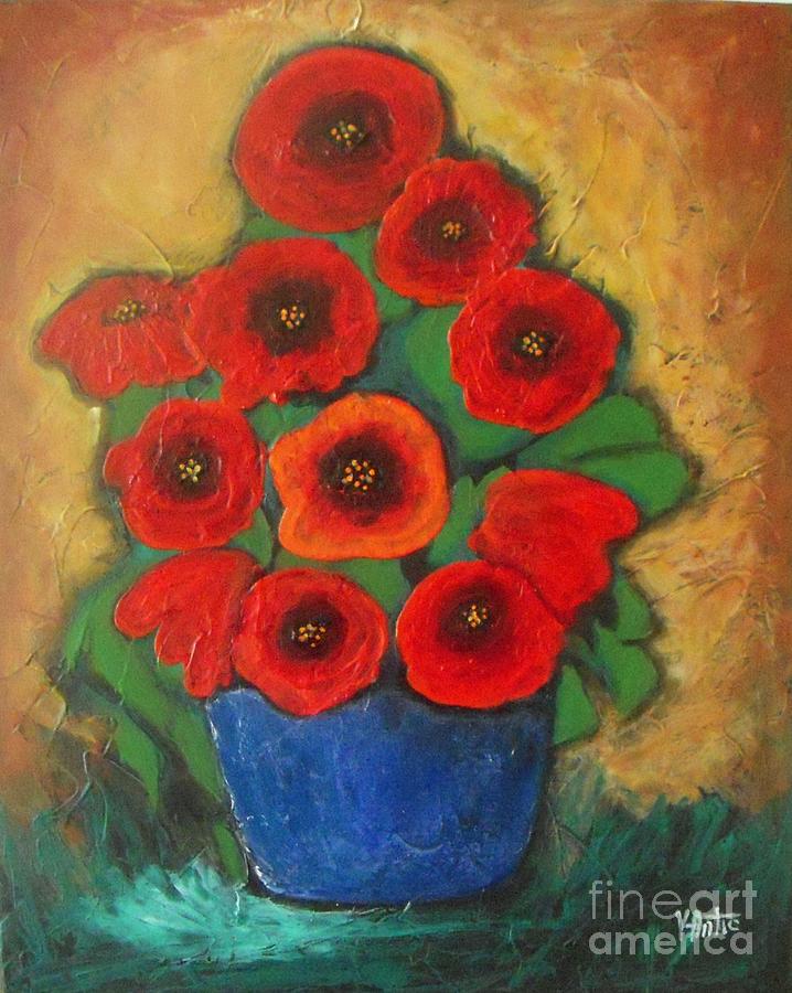 Red Poppies in Blue Vase Painting by Vesna Antic