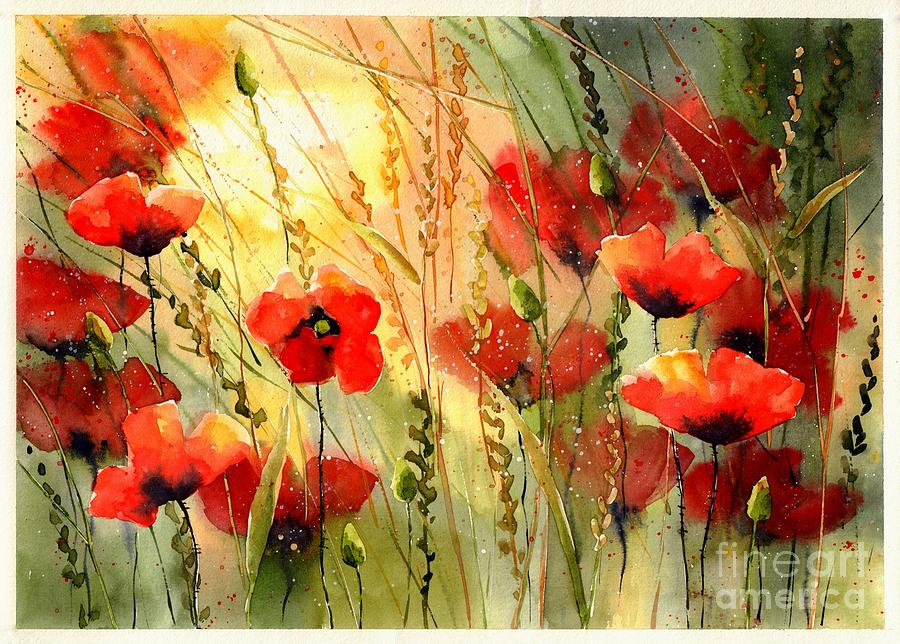 Red Poppies Watercolor Painting by Suzann's Art