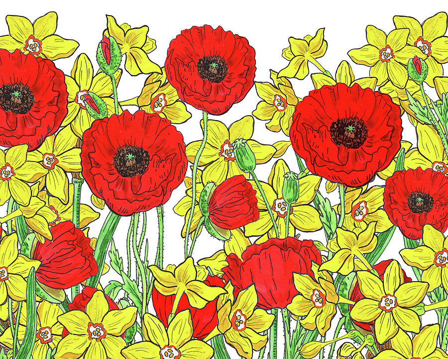 Red Poppies Yellow Daffodils Watercolor Pattern Painting by Irina Sztukowski