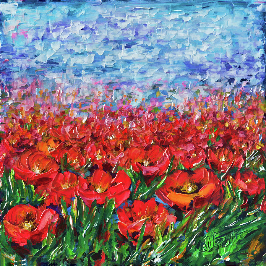 Red Poppy Field Painting by OLena Art