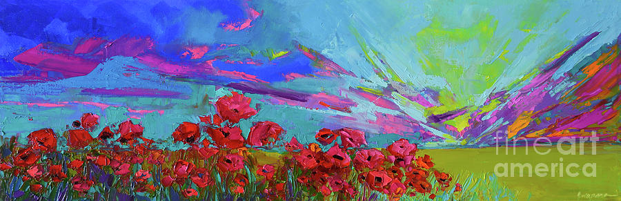 Red Poppy Flower Field, Impressionist Floral, palette knife artwork Painting by Patricia Awapara