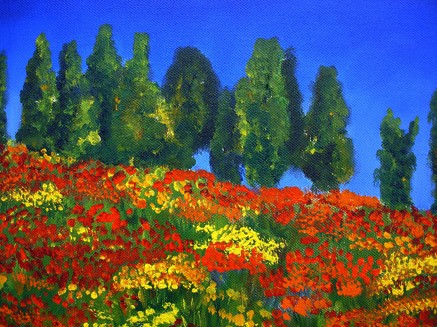 Red Poppy Landscape Painting by Mary Jo Zorad
