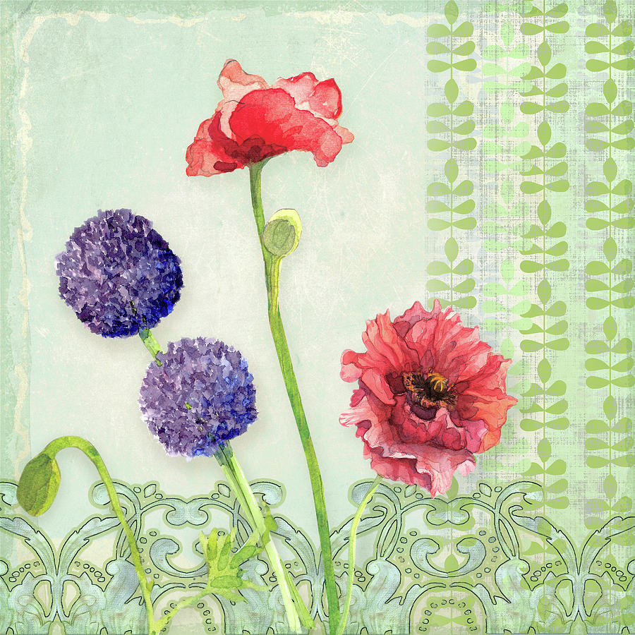 Pattern Painting - Red Poppy Purple Alium I - Retro Modern Patterns by Audrey Jeanne Roberts